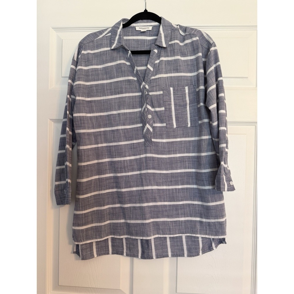 BeachLunchLounge Linen Blend Striped Tunic Top Blue White S/P Boho Coastal